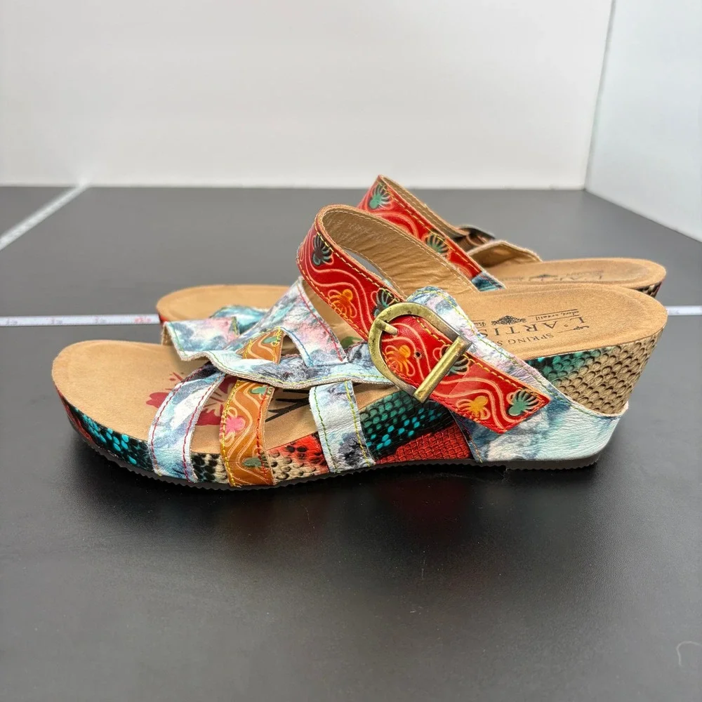 Spring Step L'Artiste Womens Wedge Sandals 38 (7.5) Baocire Leather Hand Painted